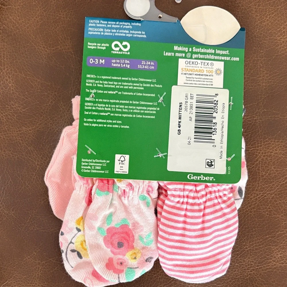 0-3M Gerber Baby Soft Floral and Pink Mittens - 4 Pack